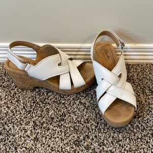 Size 7, Clark’s ultimate comfort, white wedged sandals